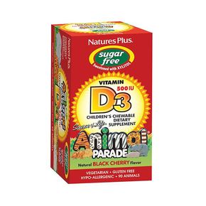 Витамин D3 для Детей без Сахара, Вкус Черной Вишни, Animal Parade, Natures Plus, 90 жевательных таблеток 