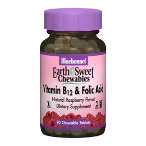 Витамин В12 и Фолиевая кислота, Вкус Малины, Earth Sweet Chewables, Bluebonnet Nutrition, 90 жевательных таблеток 