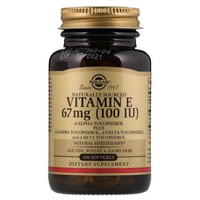 Витамин E, 67 мг (100 IU), d-Alpha Tocopherol & Mixed Tocopherols, Solgar, 100 желатиновых капсул 