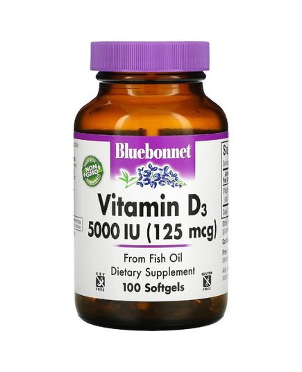 Витамин D3 5000IU (125 мкг), Vitamin D3, Bluebonnet Nutrition, 100 желатиновых капсул 